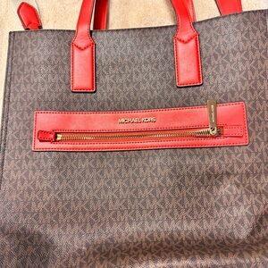 Michael Kors Brown Logo Tote with Red Trim and Handles